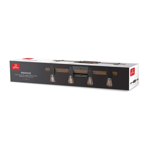 Packaging of Phoenix 4-Light Vanity Light With Matte Black Finish And Dark Faux Wood Accents, rustic industrial style.