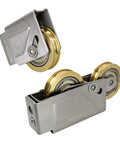 Slick Heavy Duty Sliding Door Rollers With Double Wheel Assembly And Muted Brass Wheels Aluminum Alloy Pulleys, close-up view.