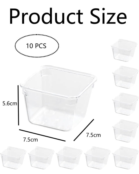 Clear Square Drawer Organizer Set 10-Pack Stackable Modular Bins dimensions with 7.5cm sides and 5.6cm height