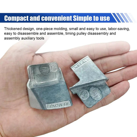 Hand holding 2 Piece Stretch Belt Tool Kit For Serpentine And Timing Belts, Metal Belt Remover And Pulley Installer Set