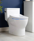 Top Shelf Elongated Bidet Toilet Seat Crisp White with modern design and LED light in sleek bathroom setting.