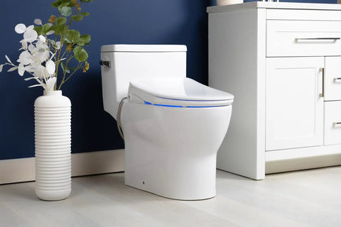 Top Shelf Elongated Bidet Toilet Seat Crisp White with modern design and LED light in sleek bathroom setting.