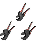 Three black and red Ratcheting PVC CPVC Pipe Cutters with Wide Jaw Opening and Anti Fatigue Grip for Effortless Cutting of PVC CPVC Poly Pipe