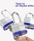 Trinity Keyed-Alike Padlocks Outdoor Heavy Duty Laminated Steel Body 1-9/16 Inch Shackle 40mm 3-Pack With 6 Keys Shown Together
