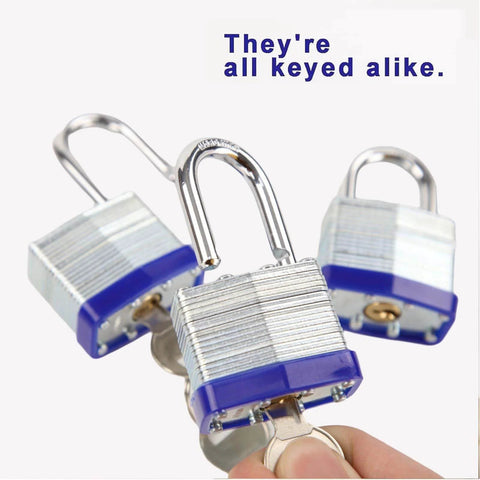 Trinity Keyed-Alike Padlocks Outdoor Heavy Duty Laminated Steel Body 1-9/16 Inch Shackle 40mm 3-Pack With 6 Keys Shown Together