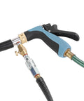 Pro Grade Water Heater Cleaning And Flushing Tool Gun With Air Adjustable Pressure Sprayer attached to garden hoses