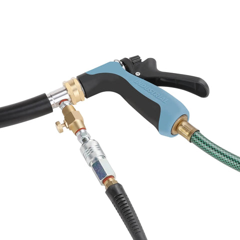 Pro Grade Water Heater Cleaning And Flushing Tool Gun With Air Adjustable Pressure Sprayer attached to garden hoses
