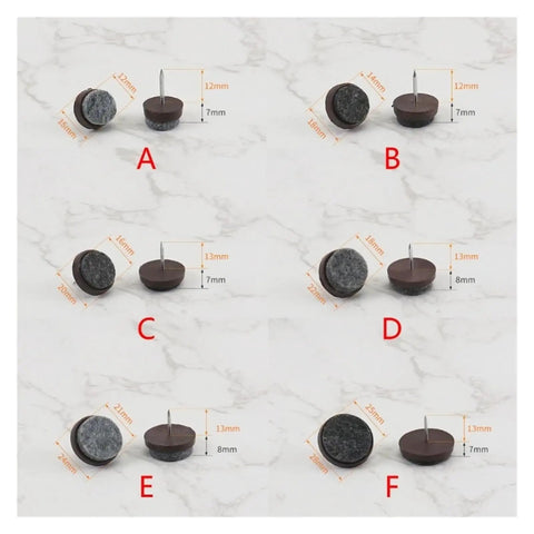 Chair Leg Floor Protectors Set Of 50 Pieces Nail On Slider Glides Pads in various sizes with dimensions labeled A to F