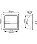 Technical drawing of a recessed toilet paper holder in brushed nickel wall mount made of stainless steel, with measurements.