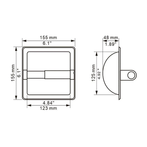 Technical drawing of a recessed toilet paper holder in brushed nickel wall mount made of stainless steel, with measurements.