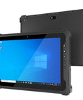 Rock Solid 10.1 Inch Rugged Industrial Tablet PC Running Windows 11 with Intel N5100, front and back view.