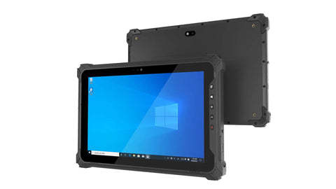 Rock Solid 10.1 Inch Rugged Industrial Tablet PC Running Windows 11 with Intel N5100, front and back view.