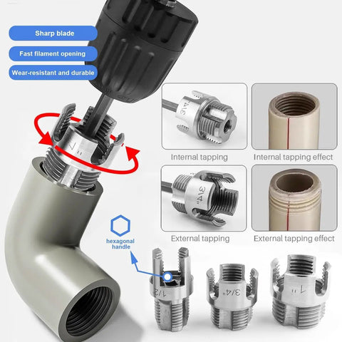 Premium 3-Piece Integrated PVC Pipe Threading Tool Set With Carbon Steel Build showing internal and external threading process.