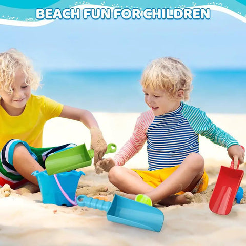 Children playing with 9 Inch Beach Sand Shovels Set For Kids And Grown Ups, Heavy Duty Solid ABS Spades, on a beach with colorful handles.