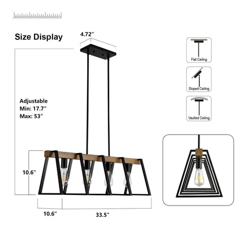 Four Light Kitchen Island Pendant Fixture, Dope Farmhouse Chandelier In Black And Warm Oak Finish, size display diagram