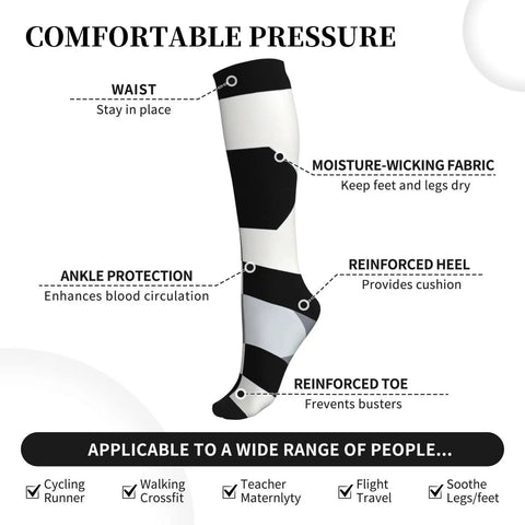 High Performance Unisex Athletic Compression Socks Featuring Graded Ankle Support Breathable Moisture Wicking Fabric Black White Piano Plate Grid Design with details on pressure points.
