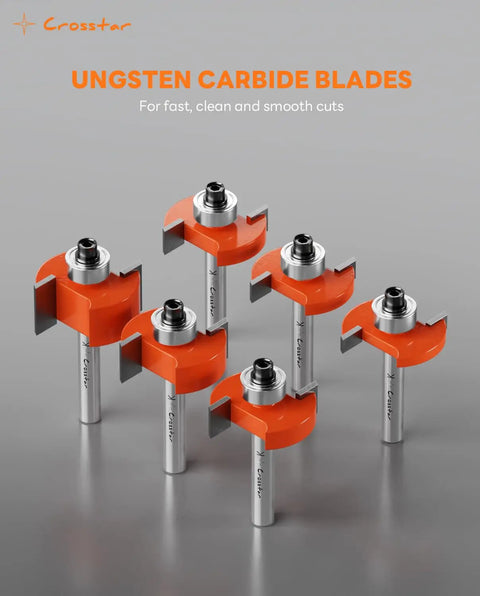 Rabbet Router Bit Set With Six Bearings And Quarter Inch Shank, Carbide Tipped Bits For Pro Woodworking displayed on table