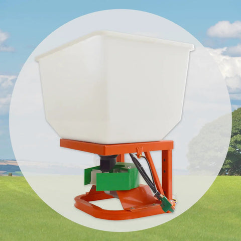 Electric Fertilizer Spreader For ATV And Tractor, 265Lb Load Capacity, 21.5 Inch Broadcast Spread, shown in a field