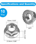 10 Pack M10 Serrated Flange Hex Nuts 1.5mm Pitch with dimensions and specifications shown