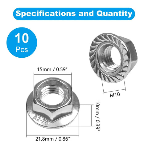 10 Pack M10 Serrated Flange Hex Nuts 1.5mm Pitch with dimensions and specifications shown