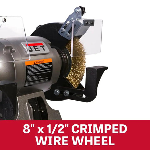 8-Inch Bench Grinder With Wire Wheel And Aluminum Oxide Wheel, 3450 RPM, 1 HP, 115V 1-Phase, Includes 36-Grit Wheel, Crimped Wire Wheel, Cast Iron Guards With Dust Chutes, Enclosed Pre-Lubricated Bearings, Adjustable Spark Guards, UL Listed