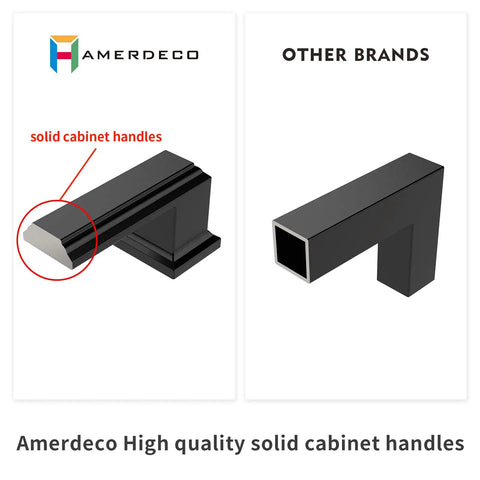 Comparison of solid cabinet handles, Amerdeco versus other brands, showing construction differences.