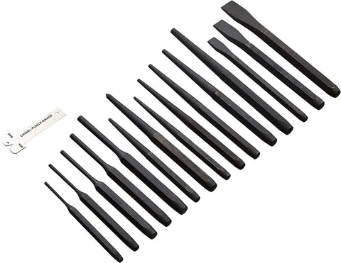 Sixteen Piece Pro Grade Chrome Vanadium Steel Punch And Chisel Set With Storage Pouch For Woodworking displayed on white background