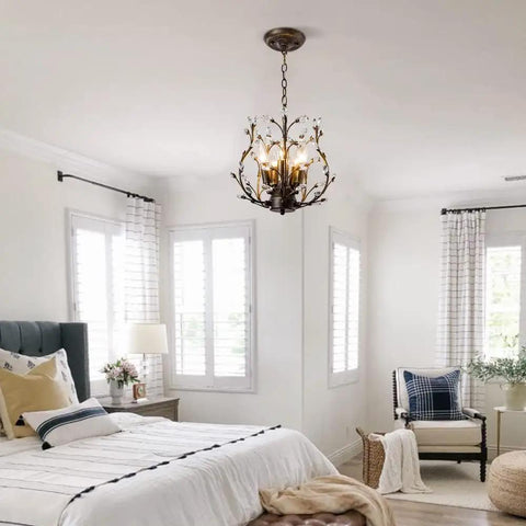 5 Light Branches Crystal Chandelier Vintage Style Ceiling Light Flush Mount For Island Dining Room Bedroom Hallway Foyer Ultra Luxe Look with Transparent Crystals and Aged Bronze Finish in a bedroom setting