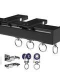 Smooth As Butter Heavy Duty Ceiling Curtain Rail And Double Track Sliding Rod System With Silent Gliding Pulleys close-up of black rail and accessories.