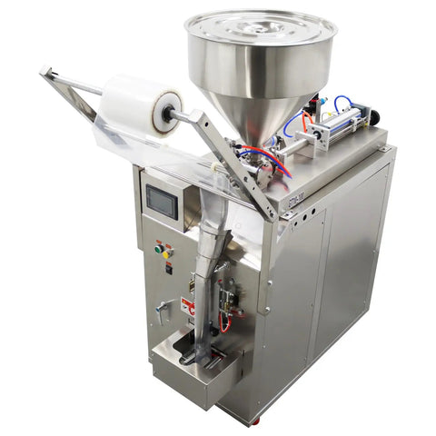 Built Like A Tank Stainless Steel Automatic Filling Machine For Thick Pastes And Thin Liquids Smooth Pneumatic Action with funnel and sealing.