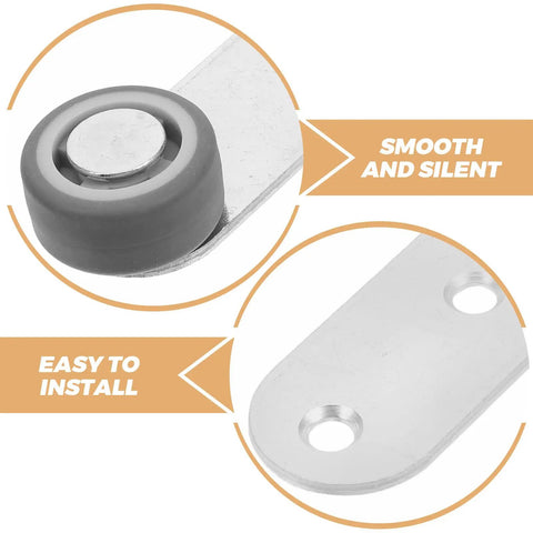 Premium 6 Pack Silver Sliding Door Roller Casters With Reinforced Steel Core And TPE Wheels Includes Anti Sagging Floor Guide For Barn Doors With Smooth Wheel Detail.