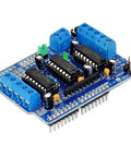 L293D Motor Drive Shield for Arduino and Raspberry Pi showing expansion board layout with connectors and chips.
