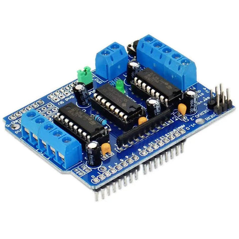 L293D Motor Drive Shield for Arduino and Raspberry Pi showing expansion board layout with connectors and chips.