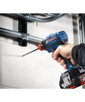 Bosch cordless drill/driver, side view, blue body with bit installed and battery.