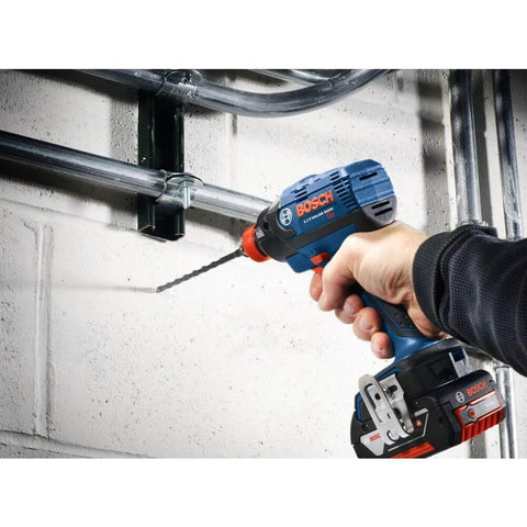 Bosch cordless drill/driver, side view, blue body with bit installed and battery.
