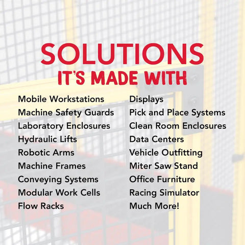 Solutions list featuring applications like mobile workstations, safety guards, hydraulic lifts, and more with text overlay on grid background.