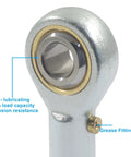 Two Pack 5/16 Inch Bore Rod End Bearing With 5/16-24 Right Hand Thread PHSB5 Self-Lubricating Ball Joint, Jam Nuts Included, Beefy Heavy Duty Linkage Upgrade For Machinery, Auto, And DIY Projects. Close-up of 5/16 bore steel rod end bearing with grease fitting