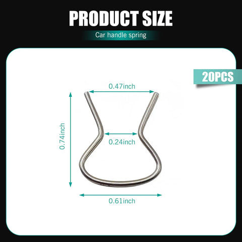 20 Piece Car Window Crank Retainer Clip Set for Most Vehicles, showing metal clip dimensions in inches