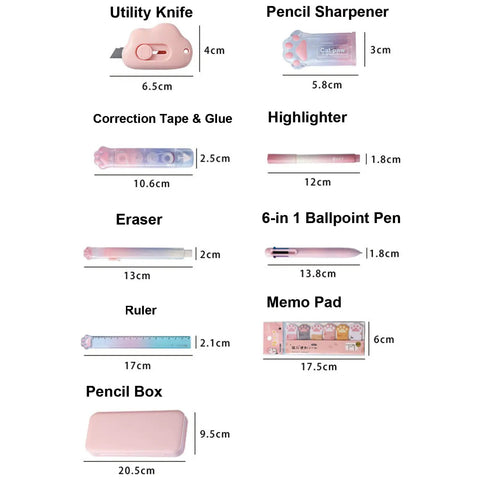 Pink Cat Paw Stationery Set Must Have For School And Office Cute Kawaii Desk Supplies With 9 Pieces Including 6 In 1 Ballpoint Pen Highlighter Eraser 2 In 1 Correction Tape And Glue Utility Knife Ruler Pencil Sharpener Memo Pads And Plastic Case shown with measurements.