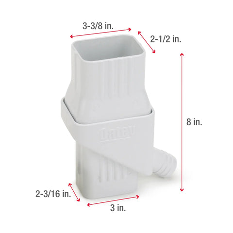 Mystic Rainwater Collection System For 2 In X 3 In Downspouts, White UV-Resistant Diverter with size dimensions and hose fitting visible.
