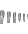 NPT Tap Set Six Piece Carbon Steel Pipe Threading Kit For Auto Shop Fixes Includes One Inch, Three Quarter Inch, One Half Inch, Three Eighth Inch, One Quarter Inch, One Eighth Inch Taps For Clean Starts, Precise Threads And Dependable Threading, six silver taps shown