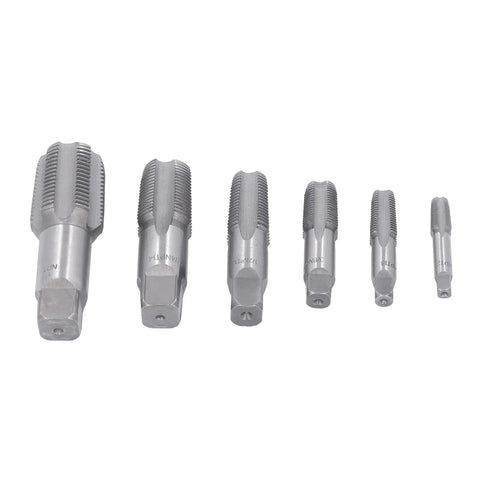 NPT Tap Set Six Piece Carbon Steel Pipe Threading Kit For Auto Shop Fixes Includes One Inch, Three Quarter Inch, One Half Inch, Three Eighth Inch, One Quarter Inch, One Eighth Inch Taps For Clean Starts, Precise Threads And Dependable Threading, six silver taps shown