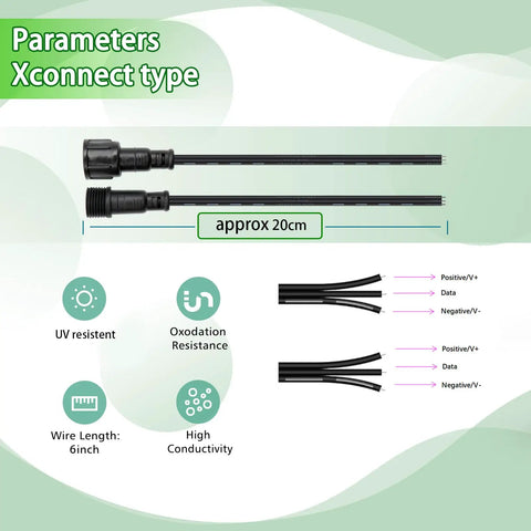 Six Pair Three Pin Xconnect Pigtail Connectors For Low Voltage Lighting System showing connectors with specifications and wire length.