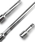 3 Piece Socket Extension Bar Set With 1/2 Inch Drive Chrome Vanadium Steel Impact Extensions In 3 5 And 10 Inch Lengths laid out on a white background.