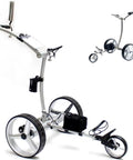 Compact Foldable Electric Golf Trolley With Dual Motors that Easily Crush 30 Degree Slopes, showing sleek design and large wheels.