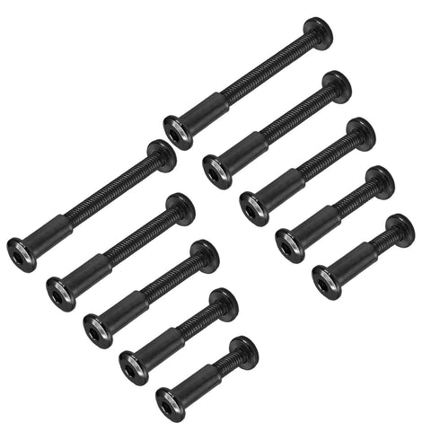 M6 Socket Cap Bolt Kit For Furniture, 30 Piece Set With Allen Wrench, Countersunk Screws, Barrel Nuts In Black Finish Displayed