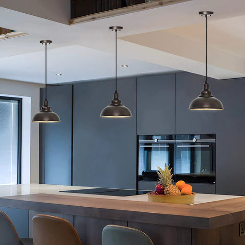 Three Pack Farmhouse Pendant Lights With Adjustable Height For Kitchen Island, Industrial Barn Style Ceiling Fixtures In Oil Rubbed Bronze With Gold Interior, Durable Metal Trio Lighting Over Island Sink