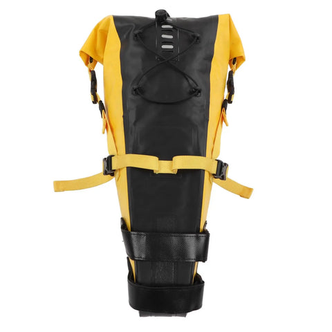 Durable 13L bikepacking bag for long rides with large capacity, yellow and black exterior, built to last buckles, waterproof material, lightweight.