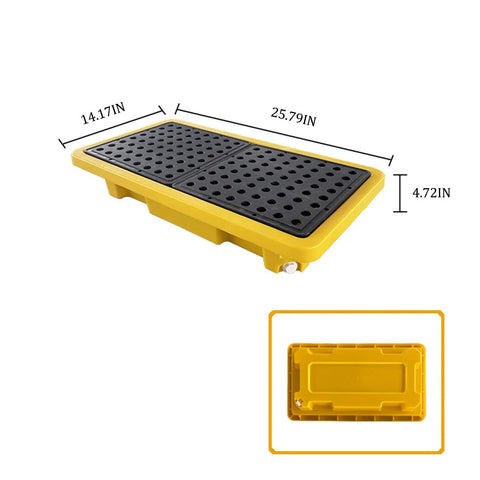 Stackable Drum Spill Containment Pallet With Drain, Detachable Garage, Modular Design, Yellow, Heavy Duty Steel Tray
