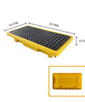 Stackable Industrial Drum Spill Pallet With Drain, Modular Platform, heavy duty yellow steel containment tray, dimensions shown